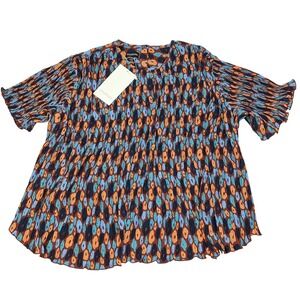 Wildfang Empower Plisse Boxy Blouse Womens XL Blue Orange Pleated Abstract Top